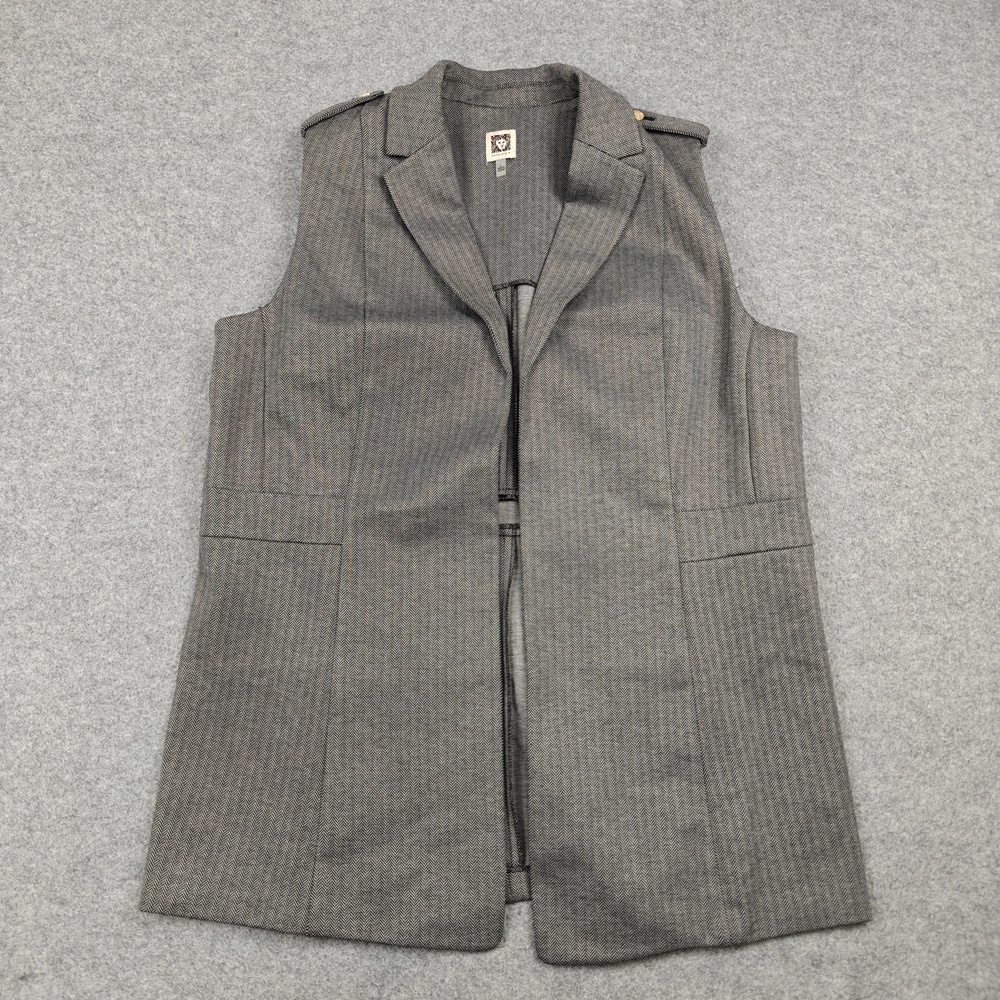 Anne Klein Vest Womens Large Gray Herringbone Tweed Collared Pockets Button